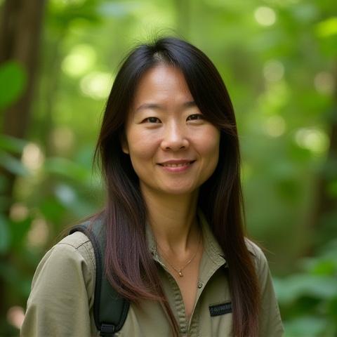 Professional headshot of Sarah Chen with a backdrop of a lush forest.