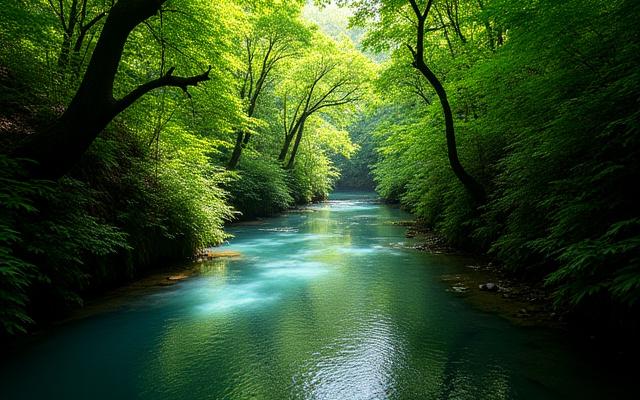 A vibrant green forest with a clear stream flowing through it, and subtle sunrays filtering through the canopy, representing the beauty and fragility of natural ecosystems.