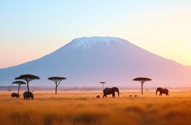 Mount Kilimanjaro at dawn, with savannah and wildlife in the foreground.
