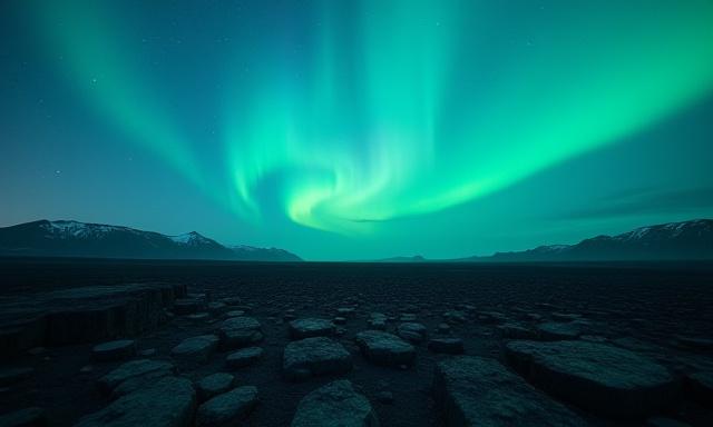 Volcanic landscape in Iceland with northern lights
